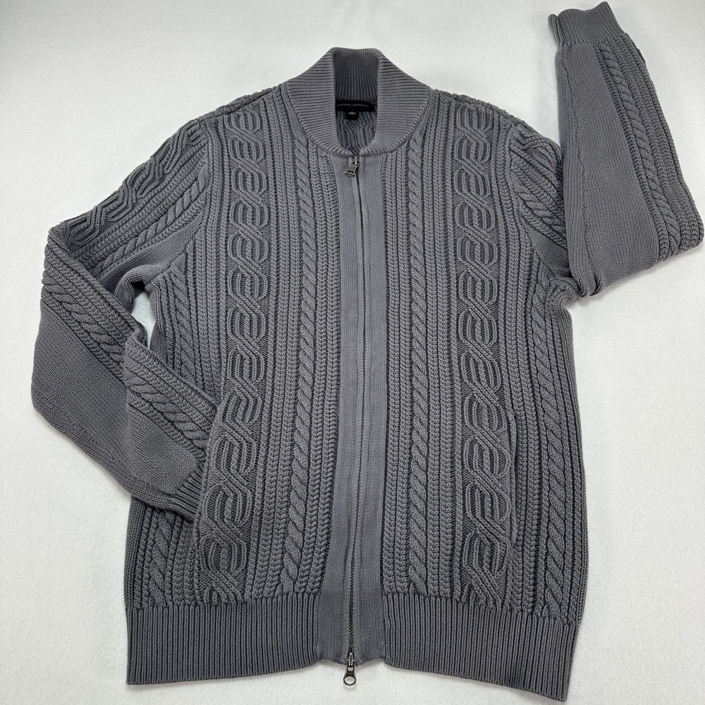 Banana Republic Sweater Mens Large Gray Full Zip Cable Knit Cotton Prep College